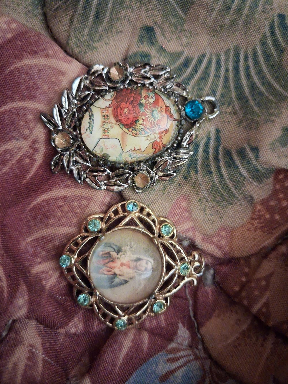 Vintage-Inspired Silver and Gold Religious Pendant Set with Teal Accents